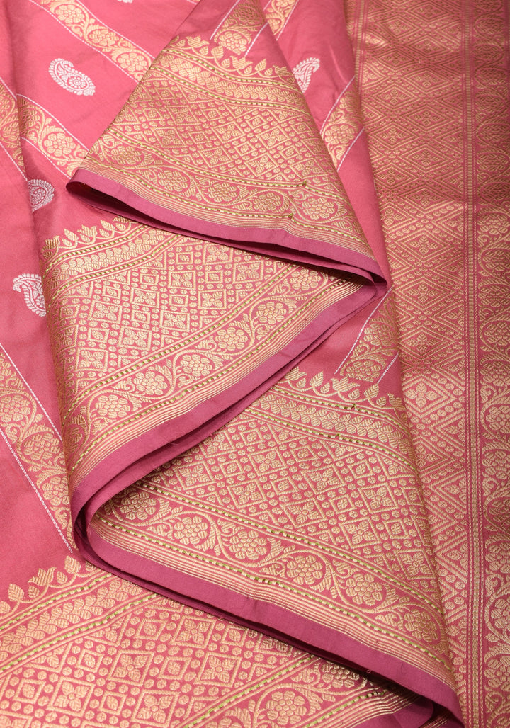 Kadhuwa Weave Carnation Pink Pure Silk Saree with Zari stripes and Sona Rupa Paisley Buttas | SILK MARK CERTIFIED