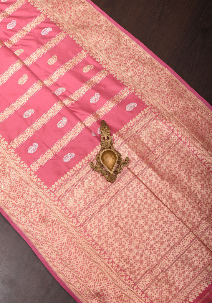 Kadhuwa Weave Carnation Pink Pure Silk Saree with Zari stripes and Sona Rupa Paisley Buttas | SILK MARK CERTIFIED