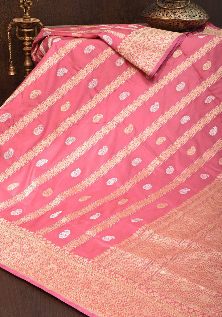 Kadhuwa Weave Carnation Pink Pure Silk Saree with Zari stripes and Sona Rupa Paisley Buttas | SILK MARK CERTIFIED