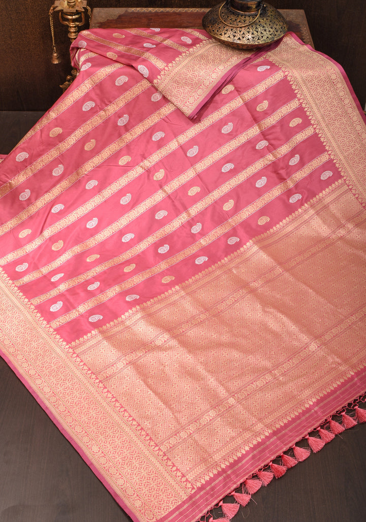 Kadhuwa Weave Carnation Pink Pure Silk Saree with Zari stripes and Sona Rupa Paisley Buttas | SILK MARK CERTIFIED
