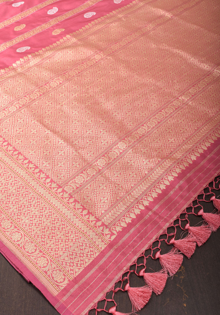 Kadhuwa Weave Carnation Pink Pure Silk Saree with Zari stripes and Sona Rupa Paisley Buttas | SILK MARK CERTIFIED