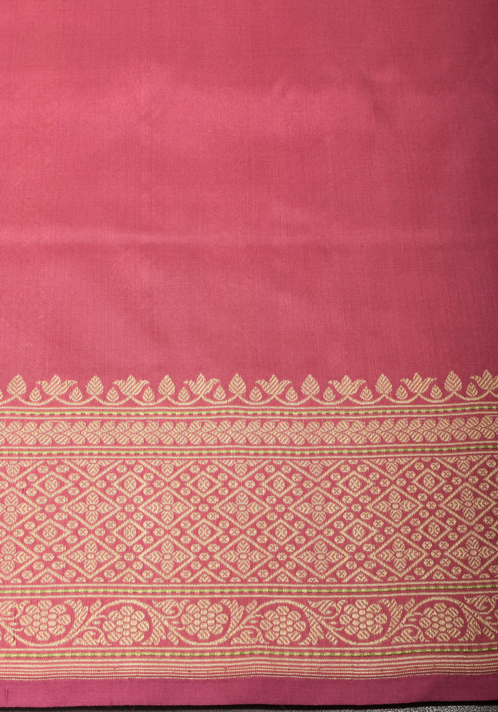 Kadhuwa Weave Carnation Pink Pure Silk Saree with Zari stripes and Sona Rupa Paisley Buttas | SILK MARK CERTIFIED