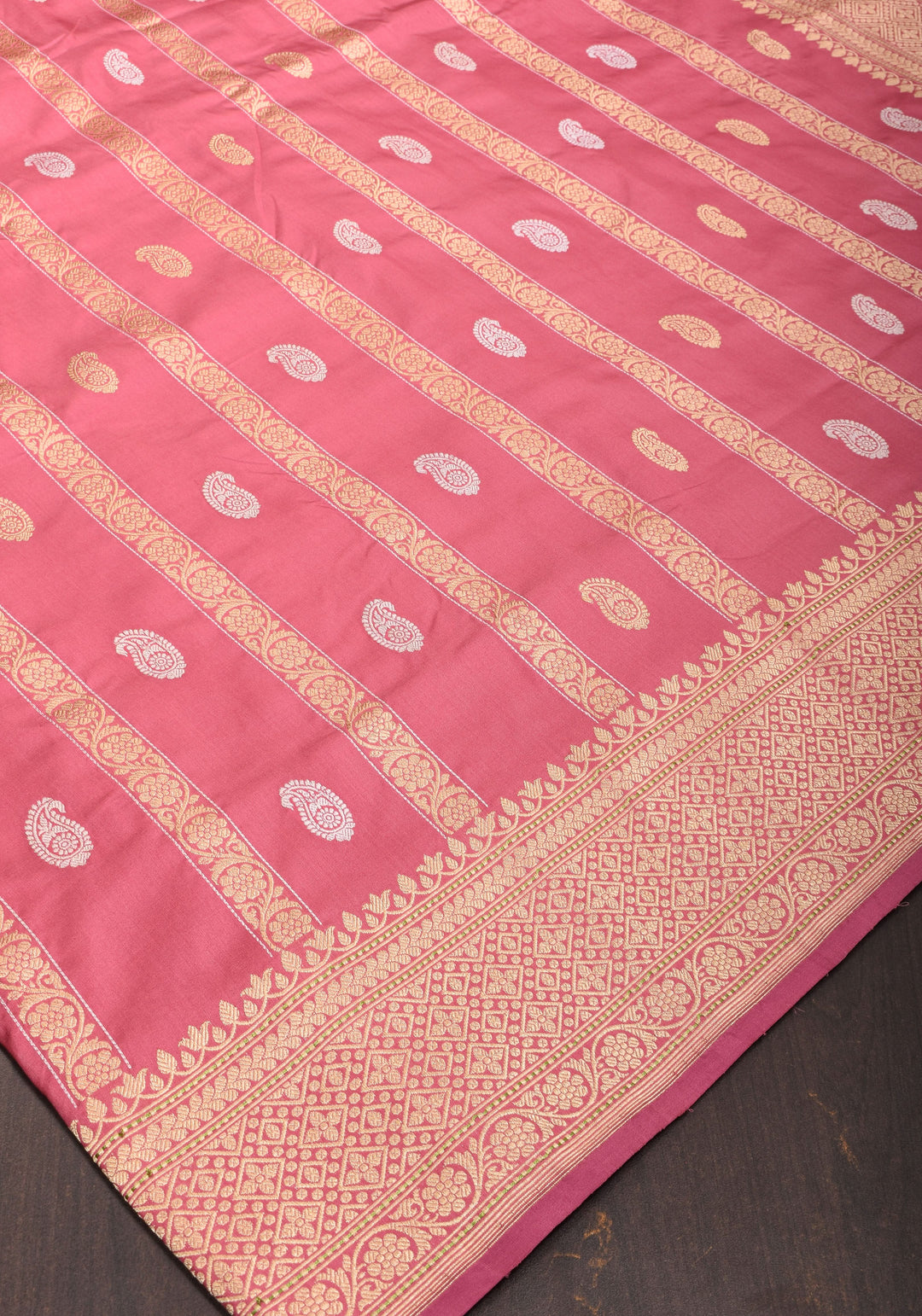 Kadhuwa Weave Carnation Pink Pure Silk Saree with Zari stripes and Sona Rupa Paisley Buttas | SILK MARK CERTIFIED