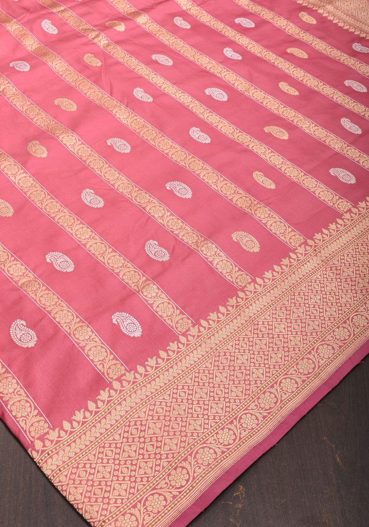 Kadhuwa Weave Carnation Pink Pure Silk Saree with Zari stripes and Sona Rupa Paisley Buttas | SILK MARK CERTIFIED
