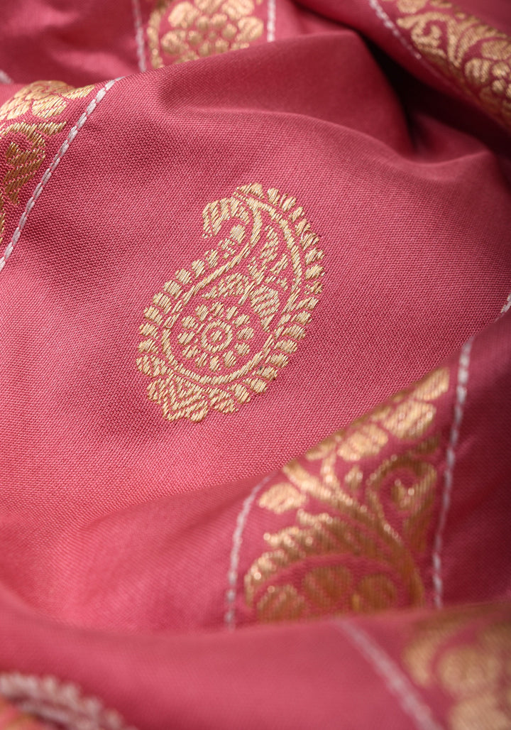 Kadhuwa Weave Carnation Pink Pure Silk Saree with Zari stripes and Sona Rupa Paisley Buttas | SILK MARK CERTIFIED