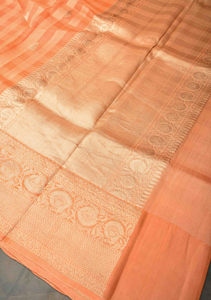 Checks Pure BanarasiKora by  Tussar Silk Saree in Light Orange with Zari Buttas and Zari Border | SILK MARK CERTIFIED