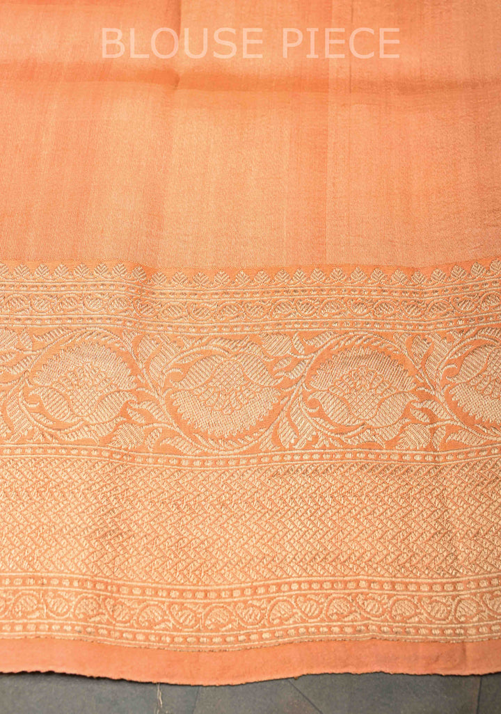 Checks Pure BanarasiKora by  Tussar Silk Saree in Light Orange with Zari Buttas and Zari Border | SILK MARK CERTIFIED