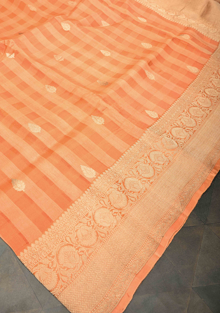 Checks Pure BanarasiKora by  Tussar Silk Saree in Light Orange with Zari Buttas and Zari Border | SILK MARK CERTIFIED