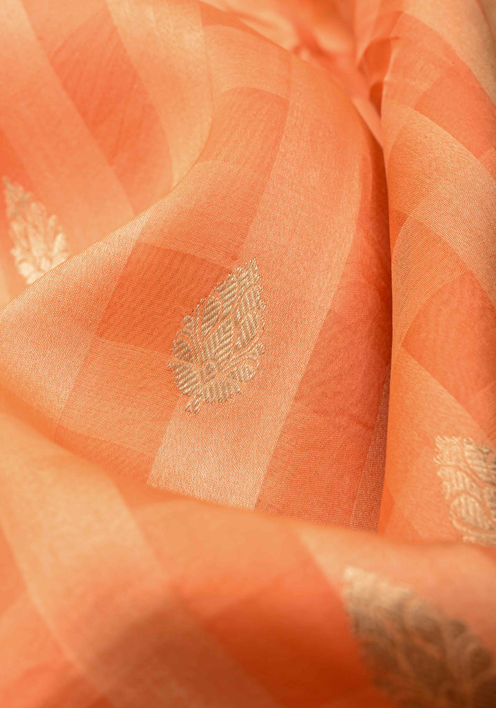 Checks Pure BanarasiKora by  Tussar Silk Saree in Light Orange with Zari Buttas and Zari Border | SILK MARK CERTIFIED