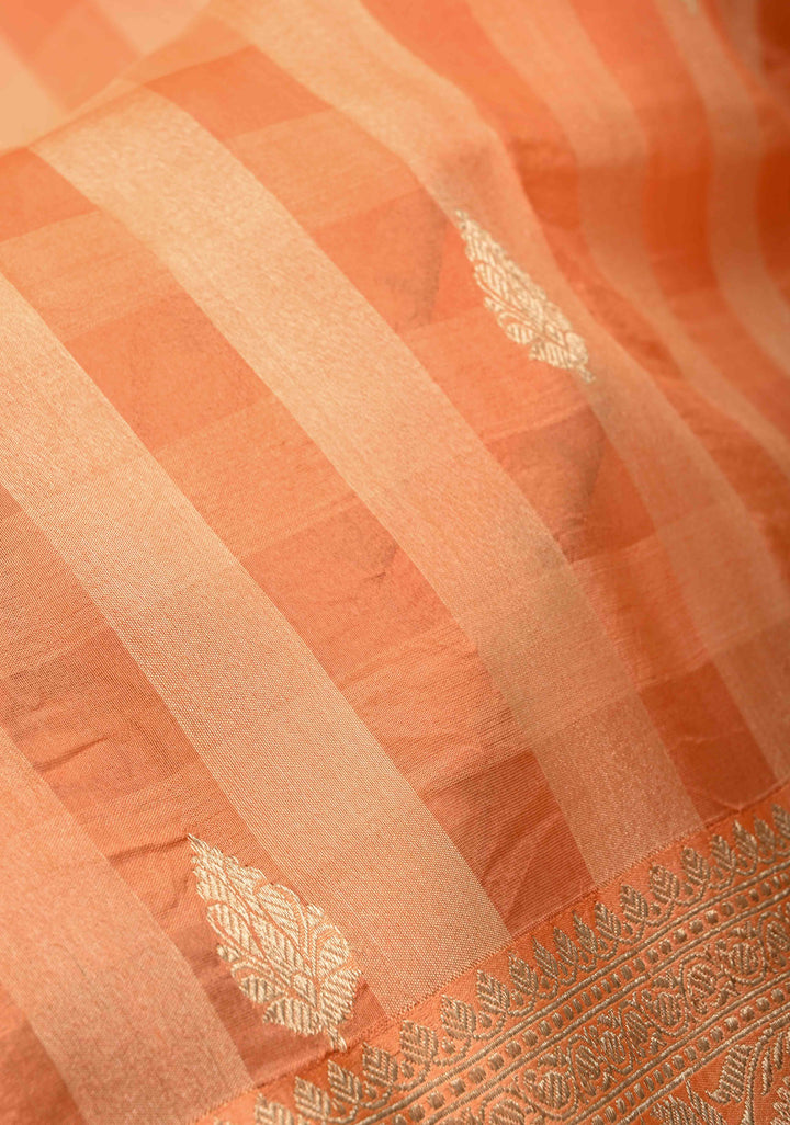 Checks Pure BanarasiKora by  Tussar Silk Saree in Light Orange with Zari Buttas and Zari Border | SILK MARK CERTIFIED