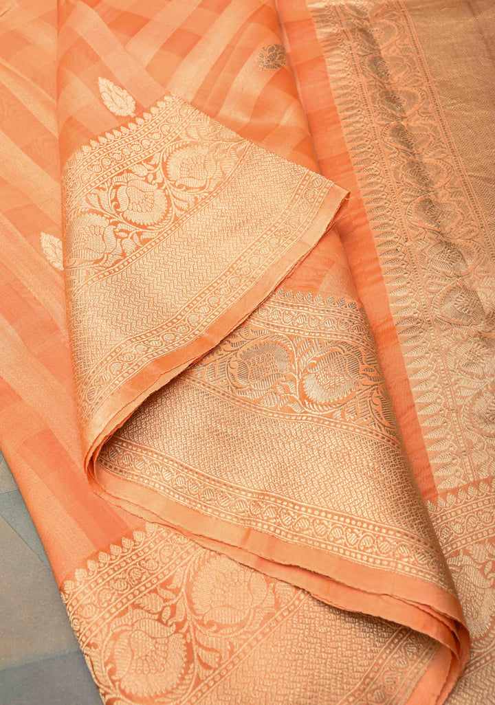 Checks Pure BanarasiKora by  Tussar Silk Saree in Light Orange with Zari Buttas and Zari Border | SILK MARK CERTIFIED