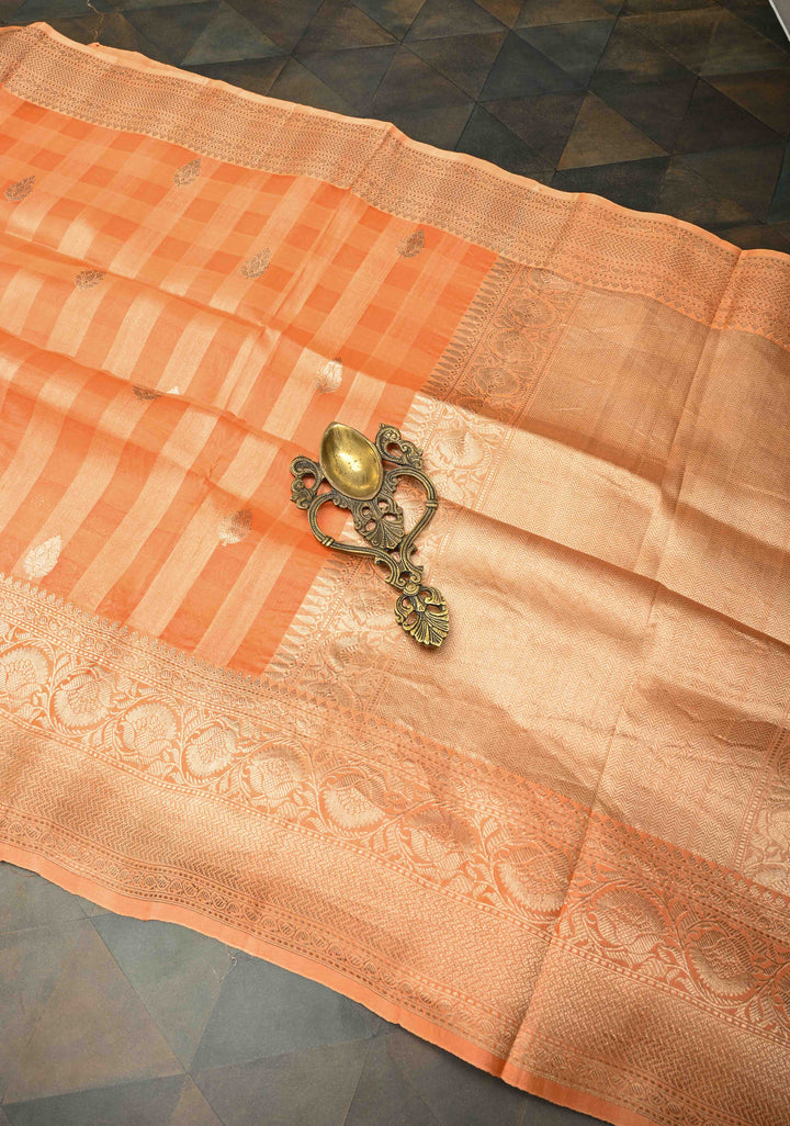Checks Pure BanarasiKora by  Tussar Silk Saree in Light Orange with Zari Buttas and Zari Border | SILK MARK CERTIFIED