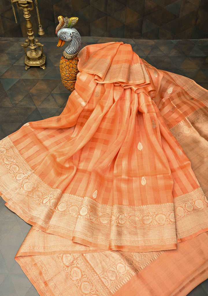 Checks Pure BanarasiKora by  Tussar Silk Saree in Light Orange with Zari Buttas and Zari Border | SILK MARK CERTIFIED