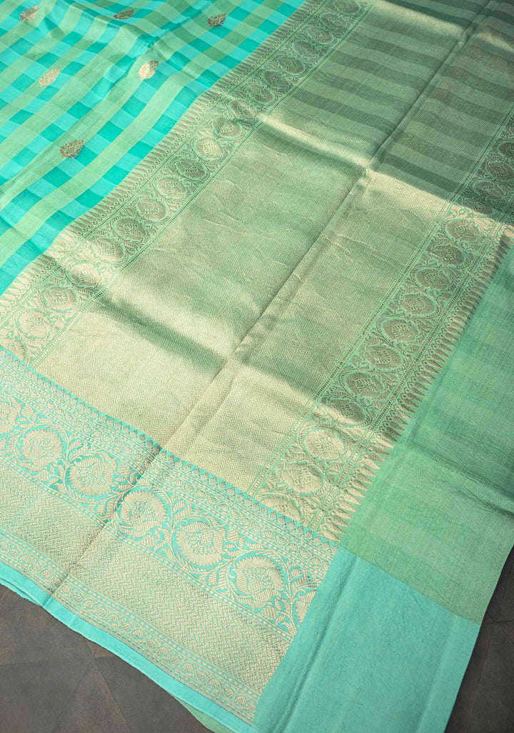 Checks Pure Banarasi Tussar Silk Saree in Turquoise with Zari Buttas and Zari Border | SILK MARK CERTIFIED