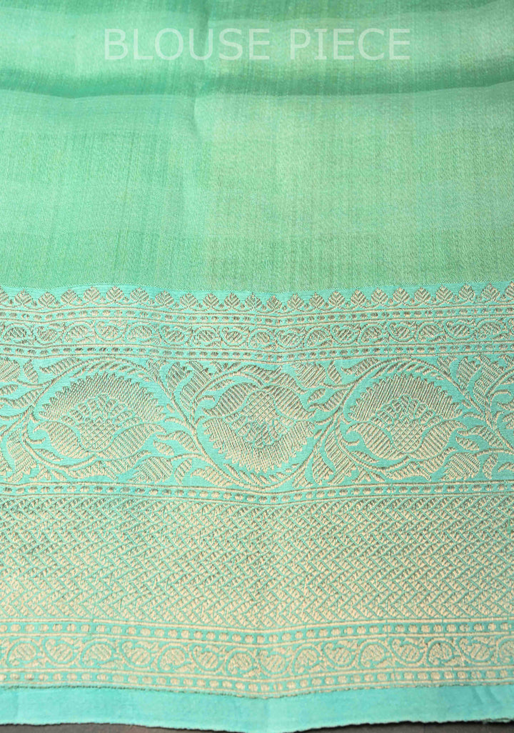 Checks Pure Banarasi Tussar Silk Saree in Turquoise with Zari Buttas and Zari Border | SILK MARK CERTIFIED