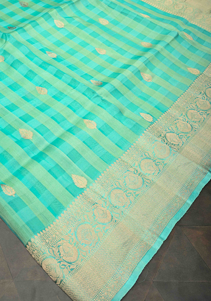 Checks Pure Banarasi Tussar Silk Saree in Turquoise with Zari Buttas and Zari Border | SILK MARK CERTIFIED