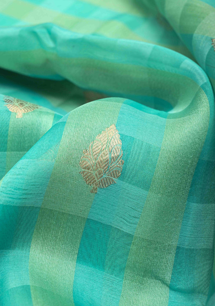 Checks Pure Banarasi Tussar Silk Saree in Turquoise with Zari Buttas and Zari Border | SILK MARK CERTIFIED