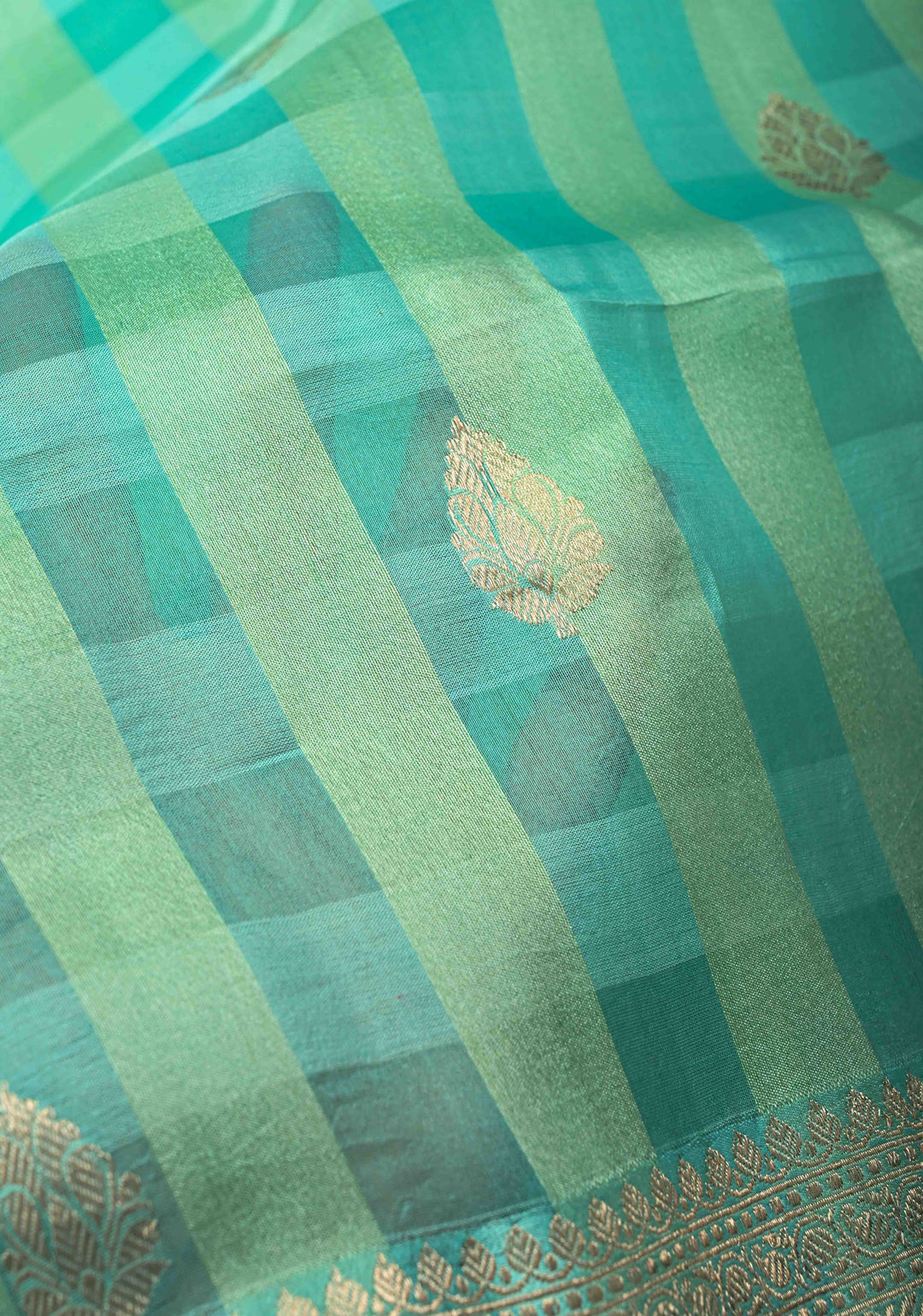 Checks Pure Banarasi Tussar Silk Saree in Turquoise with Zari Buttas and Zari Border | SILK MARK CERTIFIED