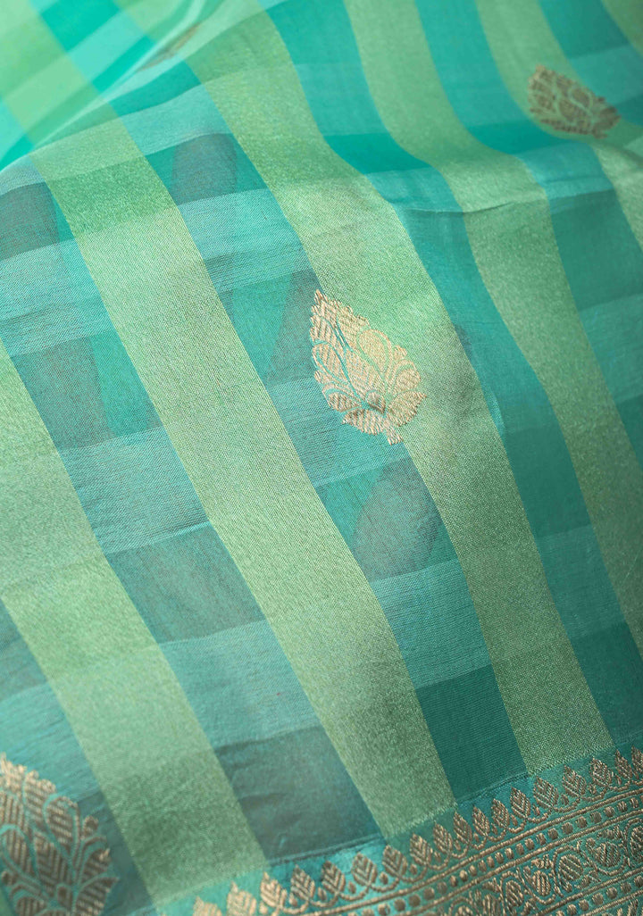 Checks Pure Banarasi Tussar Silk Saree in Turquoise with Zari Buttas and Zari Border | SILK MARK CERTIFIED
