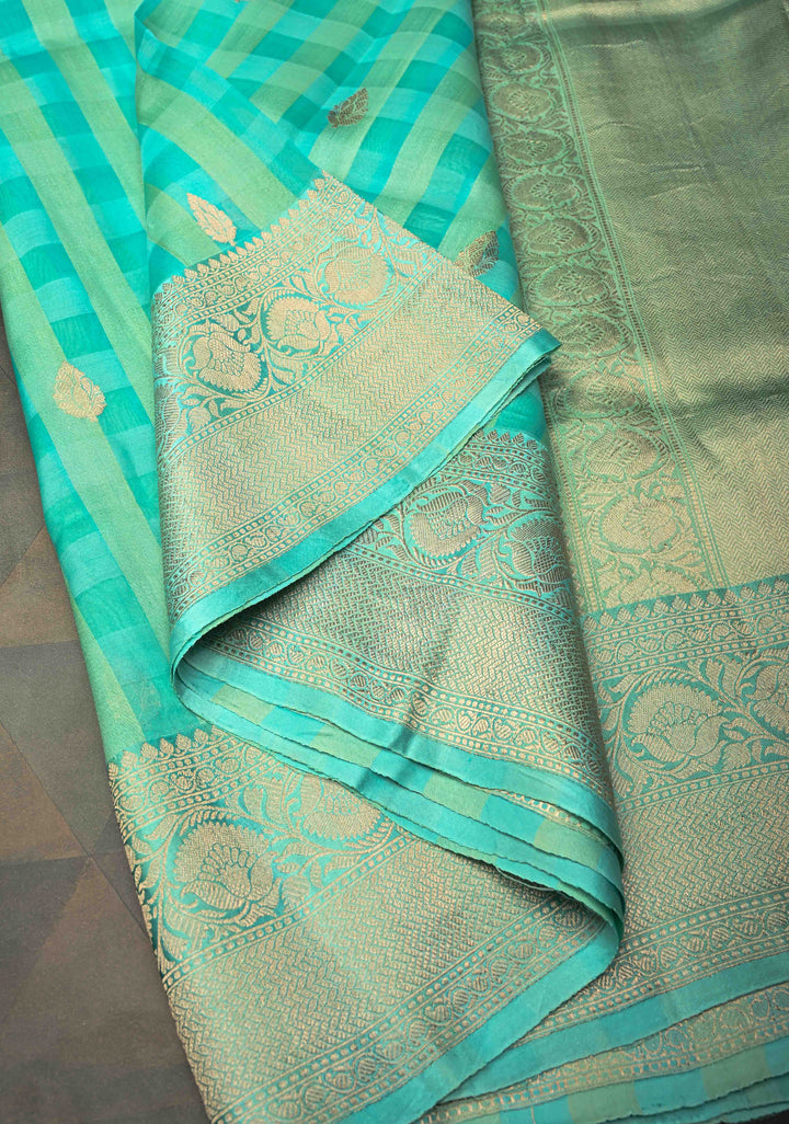 Checks Pure Banarasi Tussar Silk Saree in Turquoise with Zari Buttas and Zari Border | SILK MARK CERTIFIED