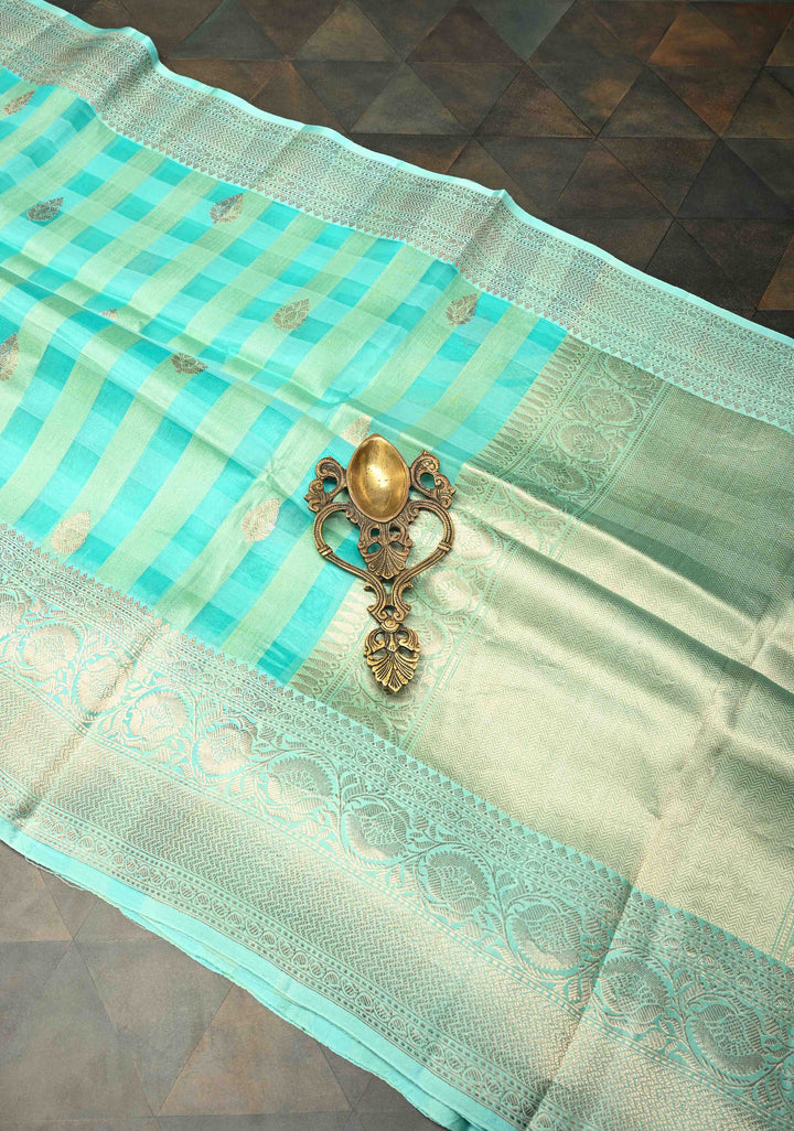 Checks Pure Banarasi Tussar Silk Saree in Turquoise with Zari Buttas and Zari Border | SILK MARK CERTIFIED