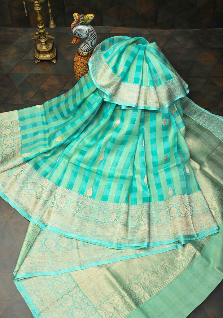 Checks Pure Banarasi Tussar Silk Saree in Turquoise with Zari Buttas and Zari Border | SILK MARK CERTIFIED