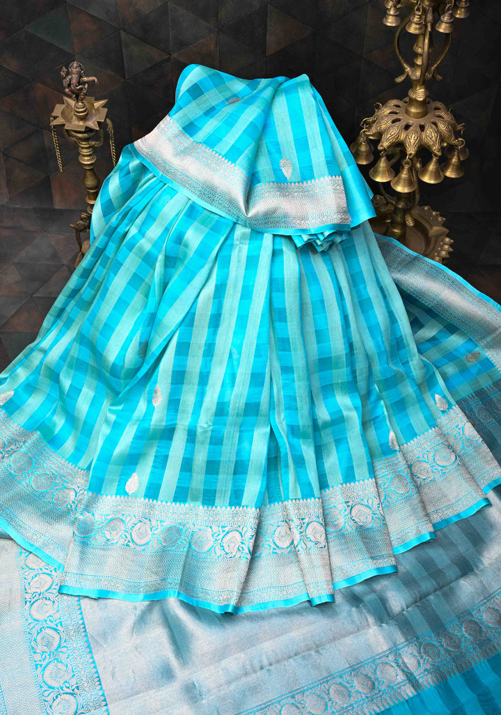Sky Blue Checks Pure Banarasi Tussar Silk Saree with Zari Buttas and Zari Border | SILK MARK CERTIFIED