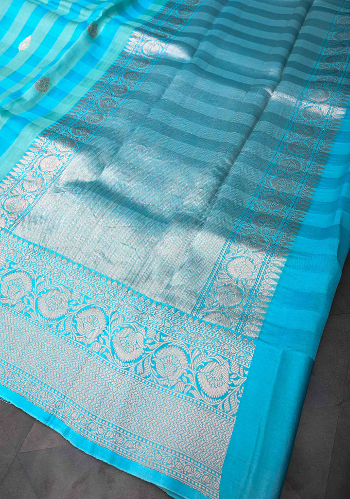 Sky Blue Checks Pure Banarasi Tussar Silk Saree with Zari Buttas and Zari Border | SILK MARK CERTIFIED