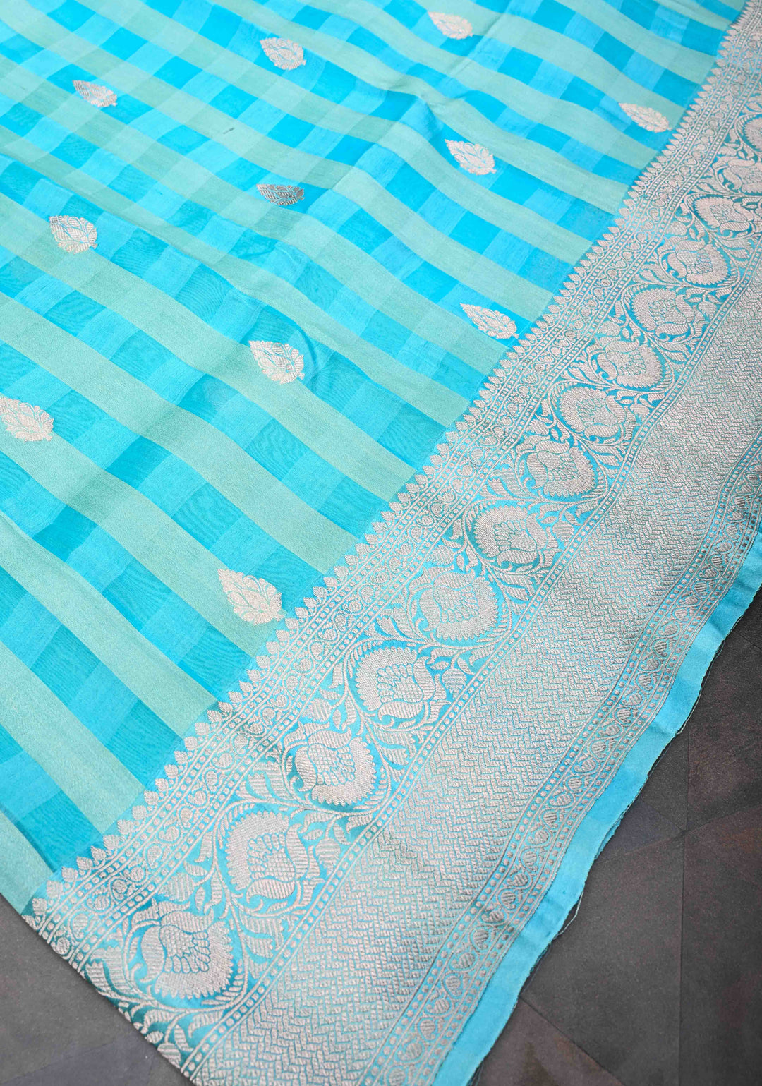 Sky Blue Checks Pure Banarasi Tussar Silk Saree with Zari Buttas and Zari Border | SILK MARK CERTIFIED