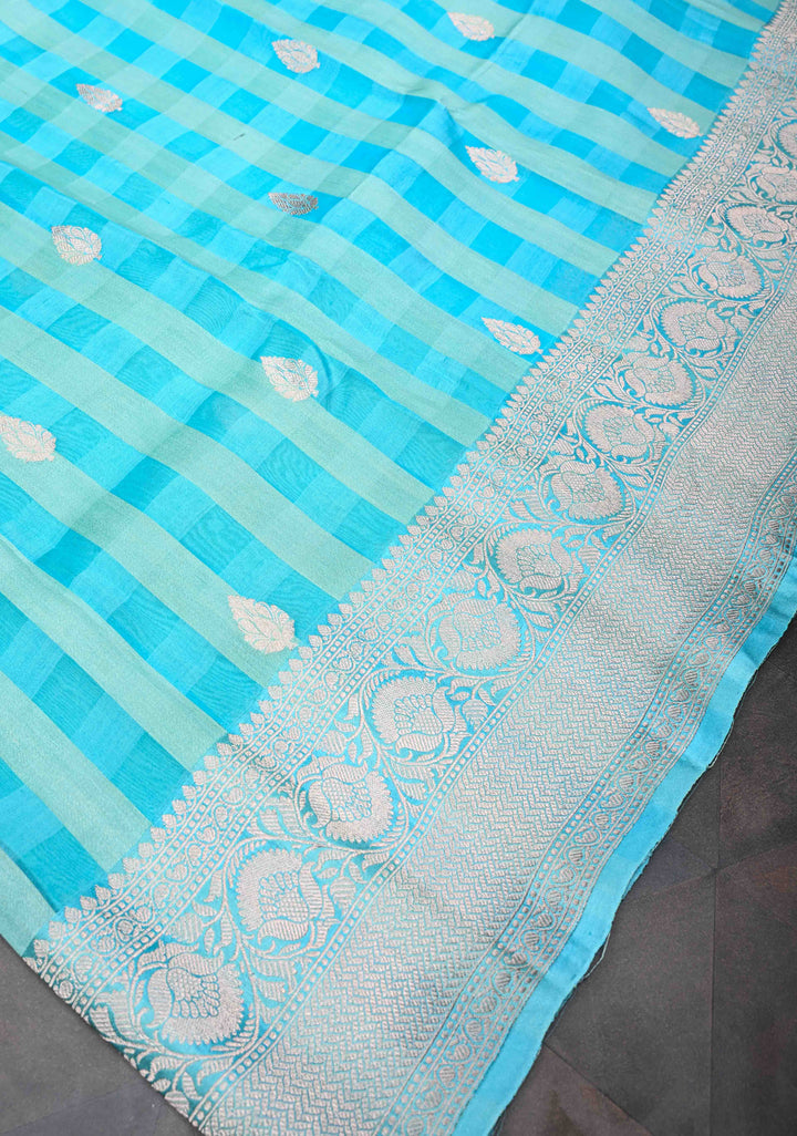 Sky Blue Checks Pure Banarasi Tussar Silk Saree with Zari Buttas and Zari Border | SILK MARK CERTIFIED