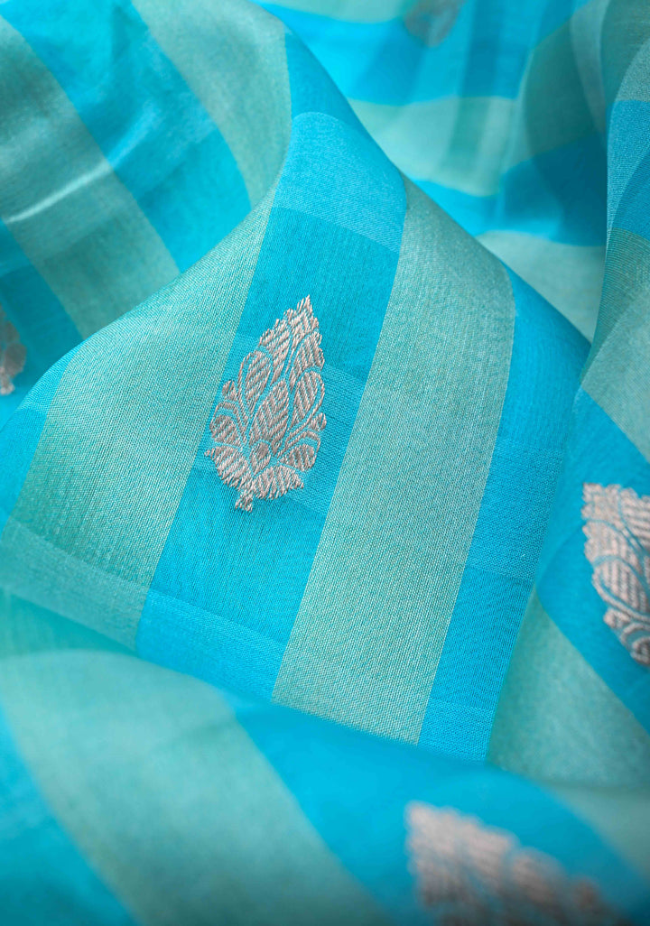 Sky Blue Checks Pure Banarasi Tussar Silk Saree with Zari Buttas and Zari Border | SILK MARK CERTIFIED