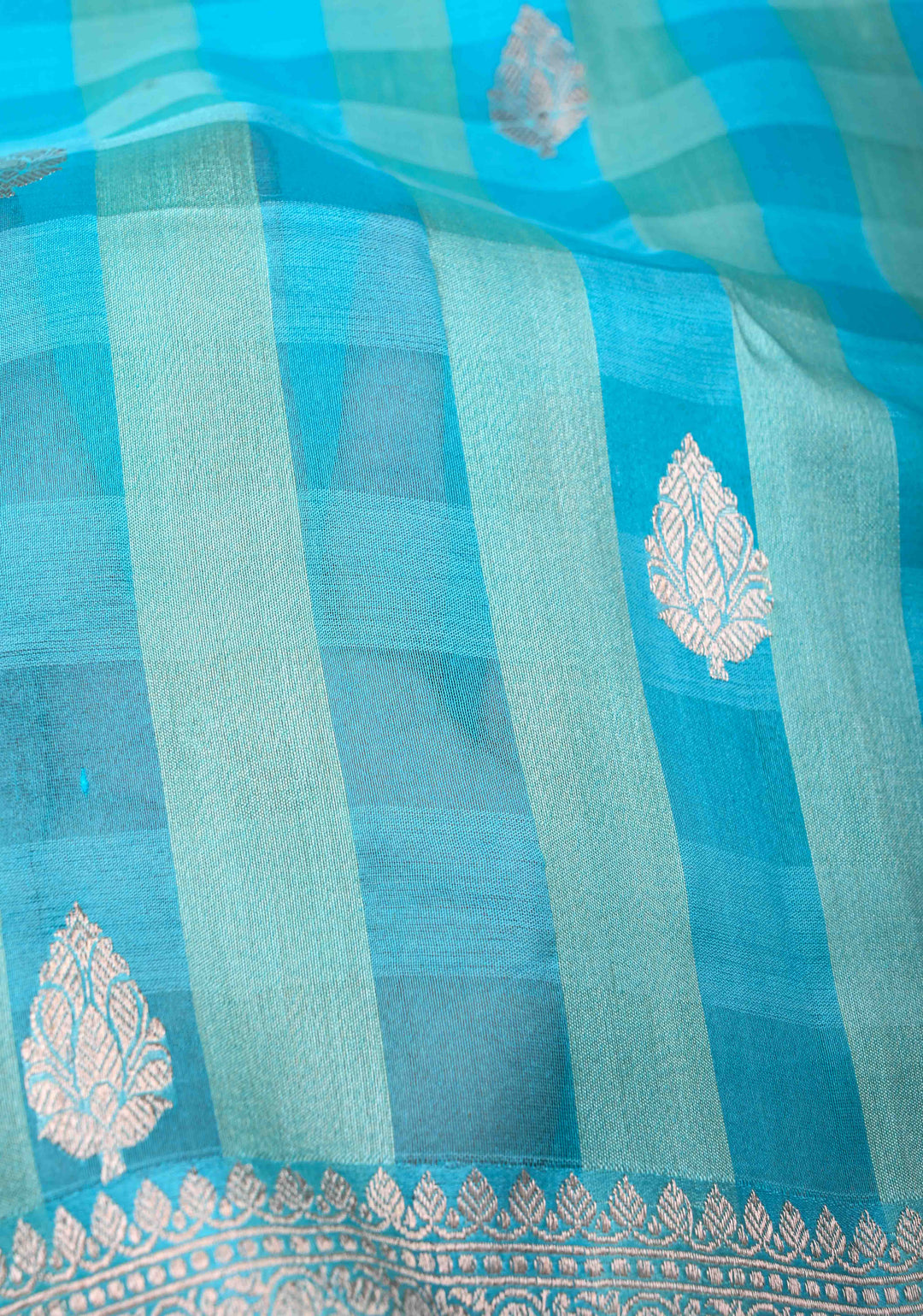 Sky Blue Checks Pure Banarasi Tussar Silk Saree with Zari Buttas and Zari Border | SILK MARK CERTIFIED