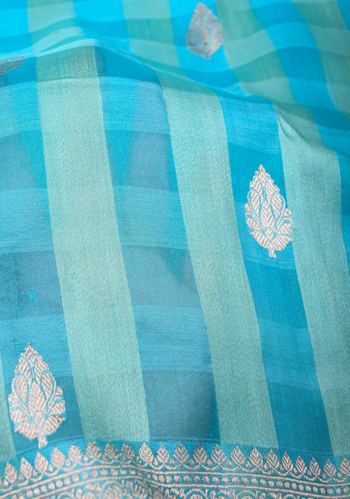 Sky Blue Checks Pure Banarasi Tussar Silk Saree with Zari Buttas and Zari Border | SILK MARK CERTIFIED