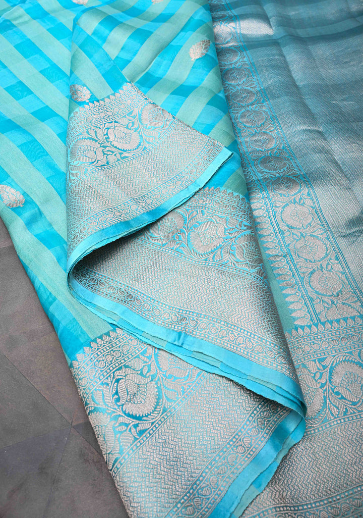 Sky Blue Checks Pure Banarasi Tussar Silk Saree with Zari Buttas and Zari Border | SILK MARK CERTIFIED