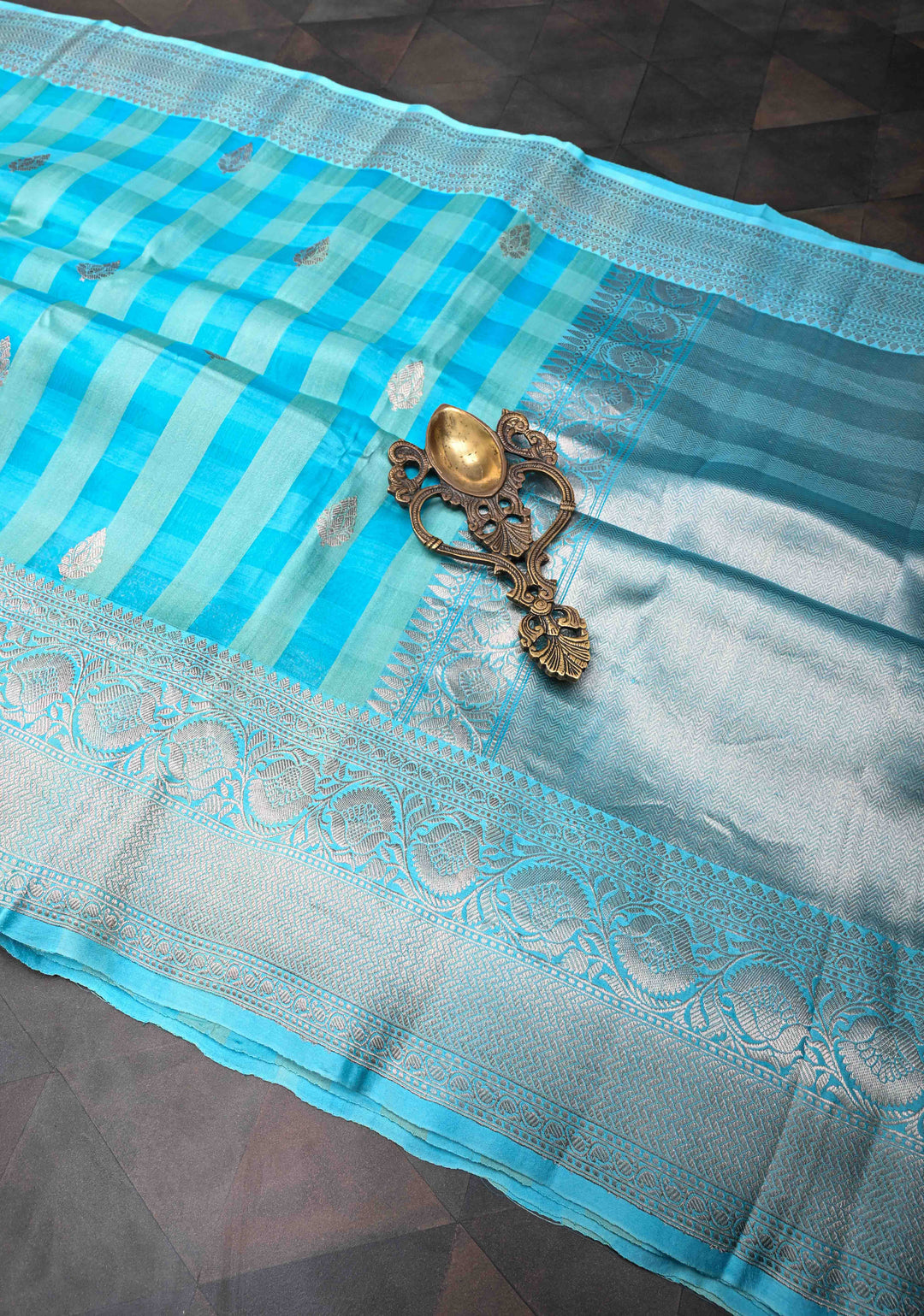 Sky Blue Checks Pure Banarasi Tussar Silk Saree with Zari Buttas and Zari Border | SILK MARK CERTIFIED