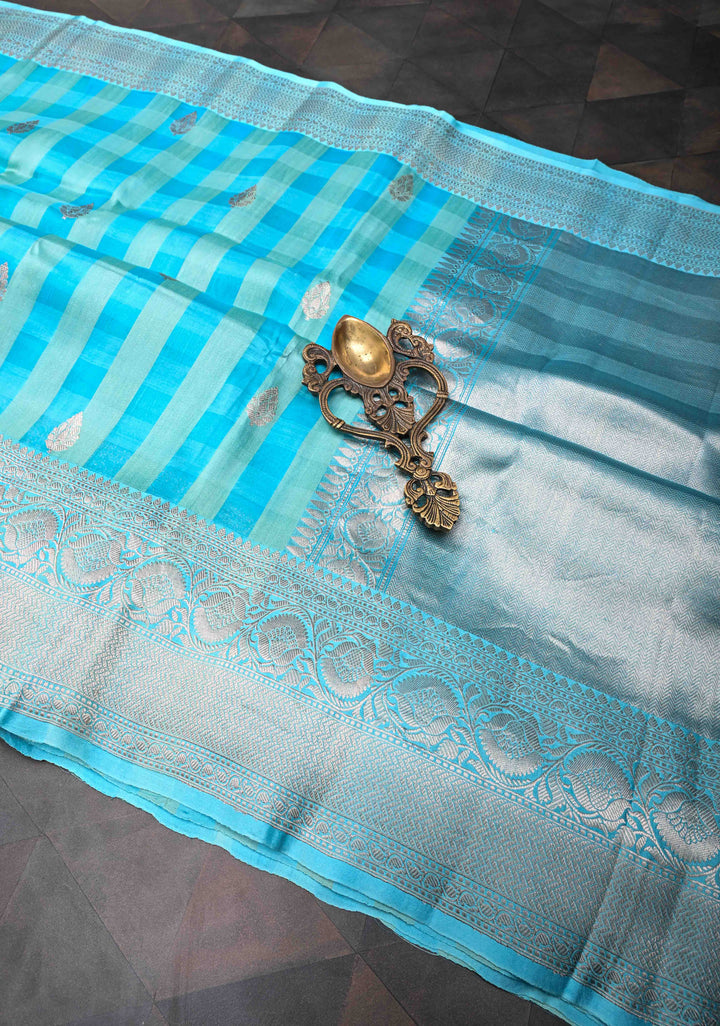 Sky Blue Checks Pure Banarasi Tussar Silk Saree with Zari Buttas and Zari Border | SILK MARK CERTIFIED