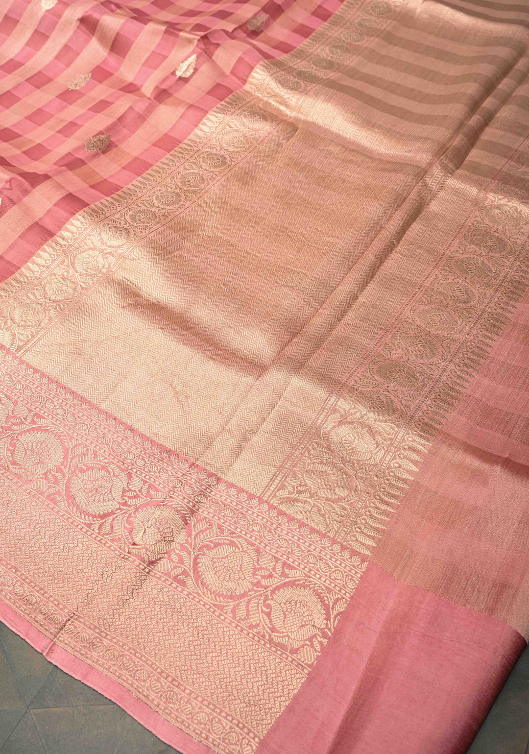 Checks Pure Banarasi Kora by Tussar Silk Saree in Mute Pink with Zari Buttas and Zari Border | SILK MARK CERTIFIED