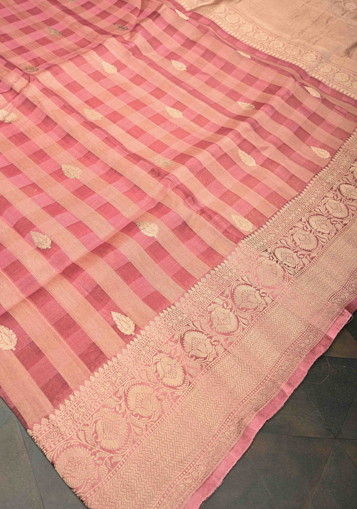Checks Pure Banarasi Kora by Tussar Silk Saree in Mute Pink with Zari Buttas and Zari Border | SILK MARK CERTIFIED