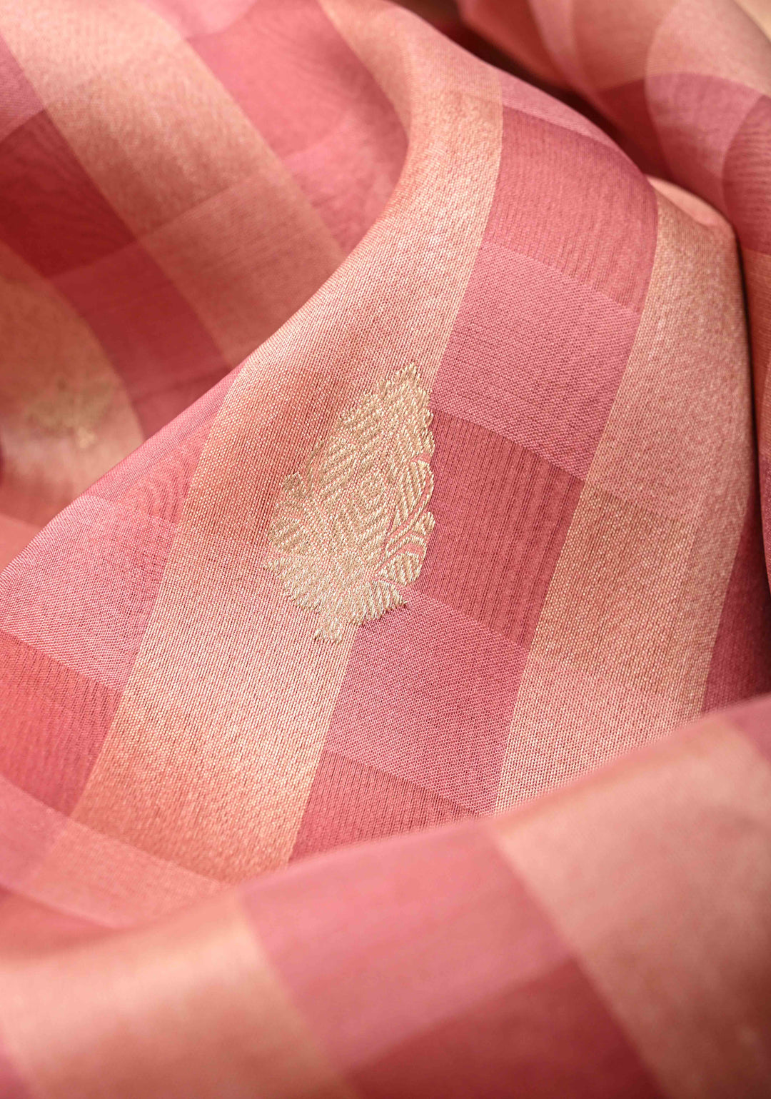 Checks Pure Banarasi Kora by Tussar Silk Saree in Mute Pink with Zari Buttas and Zari Border | SILK MARK CERTIFIED