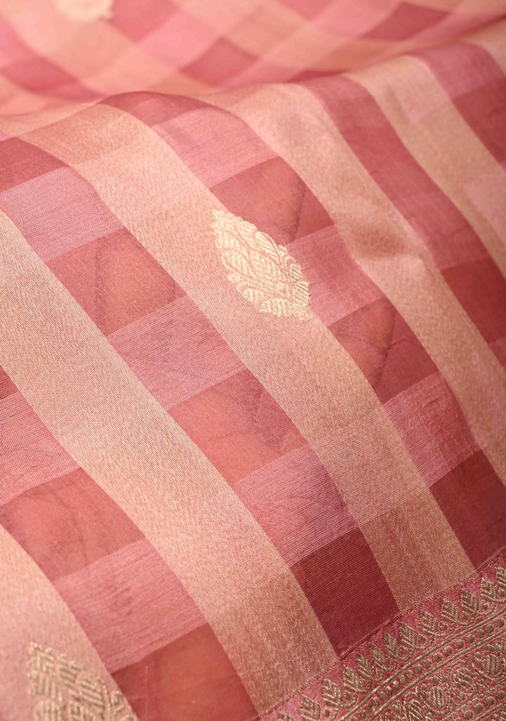 Checks Pure Banarasi Kora by Tussar Silk Saree in Mute Pink with Zari Buttas and Zari Border | SILK MARK CERTIFIED