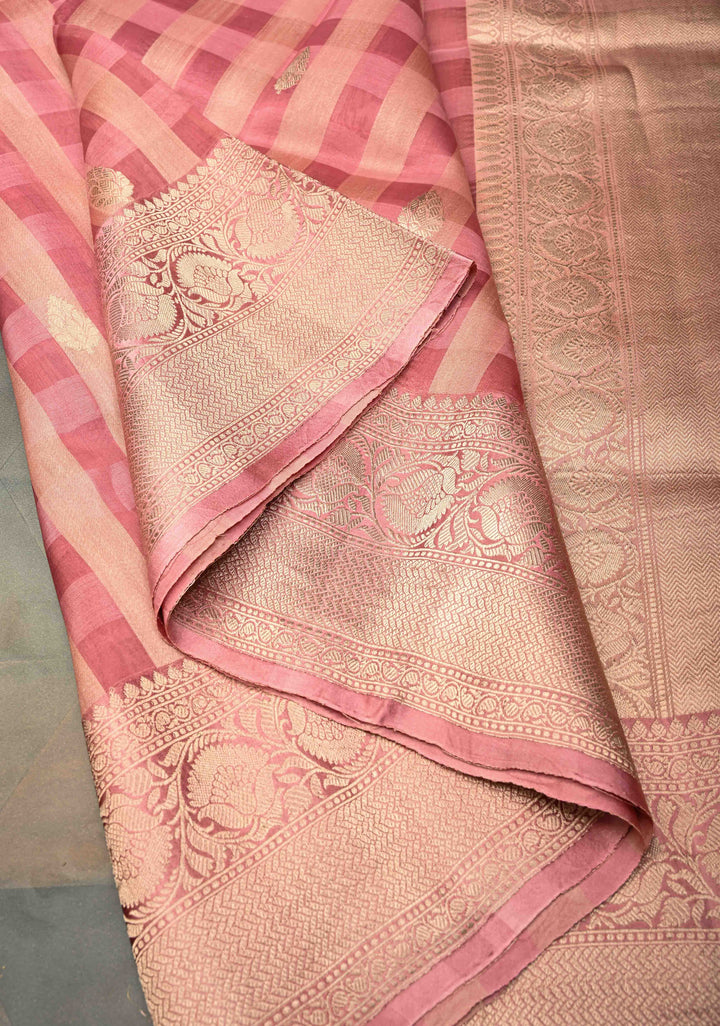 Checks Pure Banarasi Kora by Tussar Silk Saree in Mute Pink with Zari Buttas and Zari Border | SILK MARK CERTIFIED