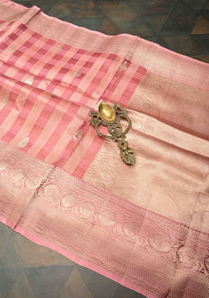 Checks Pure Banarasi Kora by Tussar Silk Saree in Mute Pink with Zari Buttas and Zari Border | SILK MARK CERTIFIED