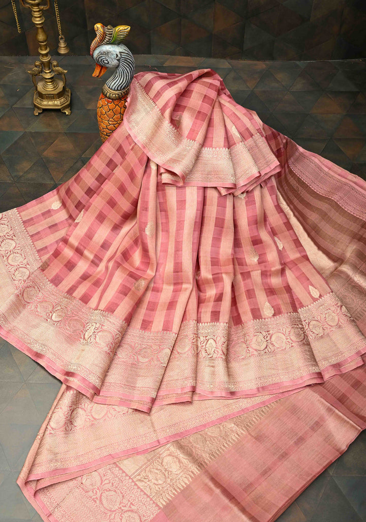 Checks Pure Banarasi Kora by Tussar Silk Saree in Mute Pink with Zari Buttas and Zari Border | SILK MARK CERTIFIED