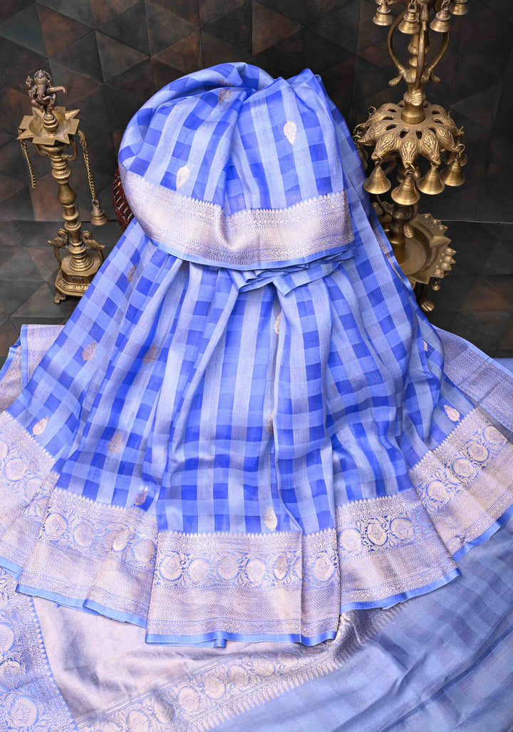 Carolina Blue Checks Pure Banarasi Kora by Tussar Silk Saree with Zari Buttas and Zari Border | SILK MARK CERTIFIED