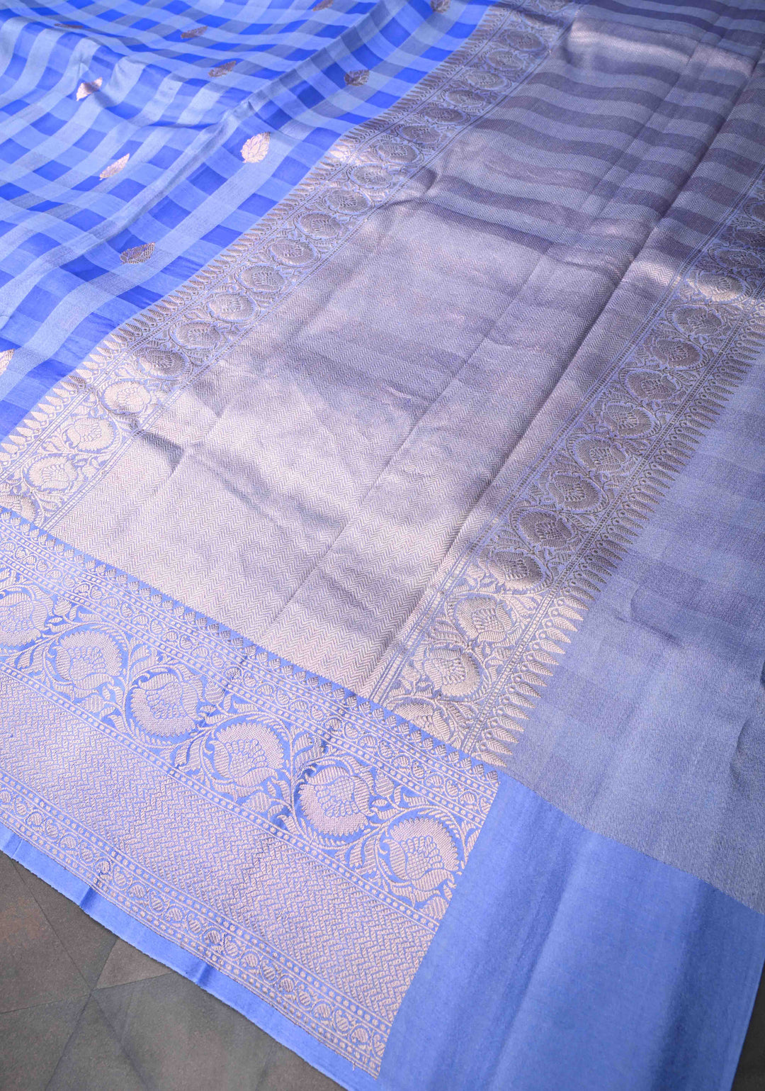 Carolina Blue Checks Pure Banarasi Kora by Tussar Silk Saree with Zari Buttas and Zari Border | SILK MARK CERTIFIED