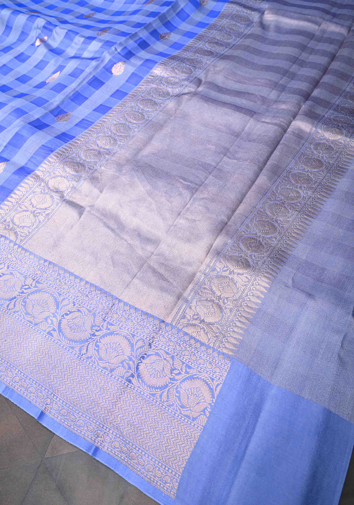 Carolina Blue Checks Pure Banarasi Kora by Tussar Silk Saree with Zari Buttas and Zari Border | SILK MARK CERTIFIED