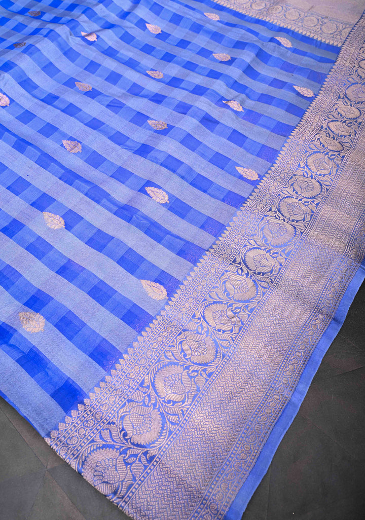 Carolina Blue Checks Pure Banarasi Kora by Tussar Silk Saree with Zari Buttas and Zari Border | SILK MARK CERTIFIED