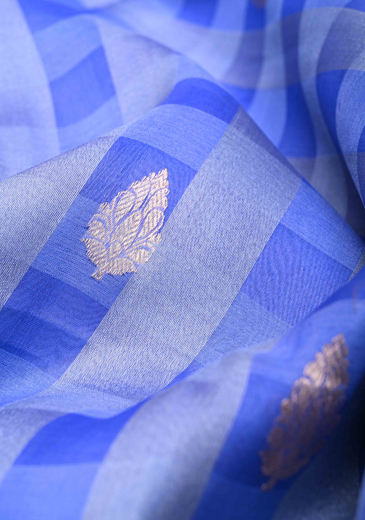 Carolina Blue Checks Pure Banarasi Kora by Tussar Silk Saree with Zari Buttas and Zari Border | SILK MARK CERTIFIED