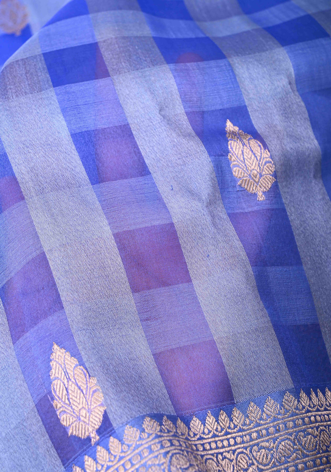 Carolina Blue Checks Pure Banarasi Kora by Tussar Silk Saree with Zari Buttas and Zari Border | SILK MARK CERTIFIED