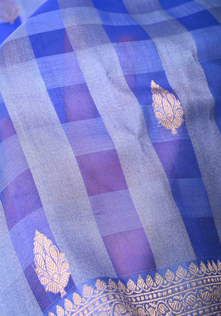 Carolina Blue Checks Pure Banarasi Kora by Tussar Silk Saree with Zari Buttas and Zari Border | SILK MARK CERTIFIED